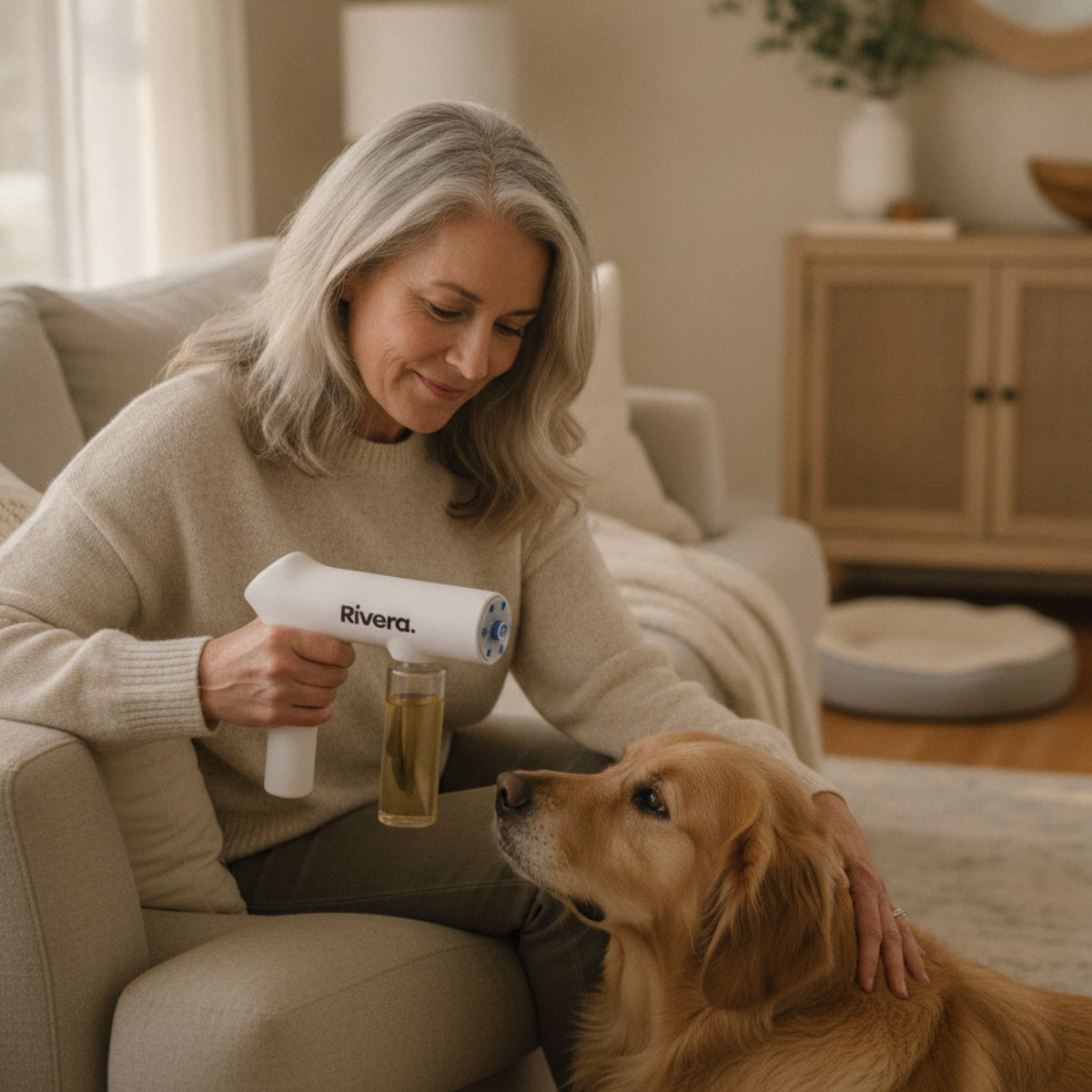 Woman holding the Rivera Odor Gun on her couch next to her golden retriever