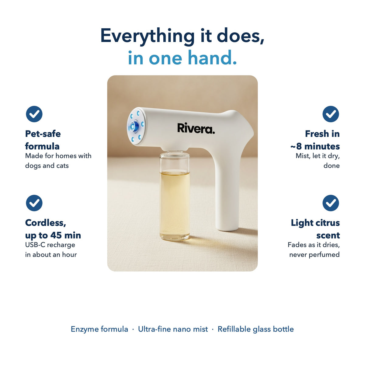 Rivera Odor Gun key benefits: pet-safe, fresh in 8 minutes, cordless, light citrus scent